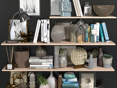 Decorative Items Collection on Multi Layered Shelves with Books Vases Lamp Photo Frames and Plants 3d model