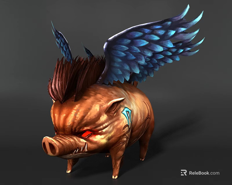 Game Fantasy Character Pig With Blue Feathered Wings Brown Body Red Eyes And Blue Tattoo 3d model 