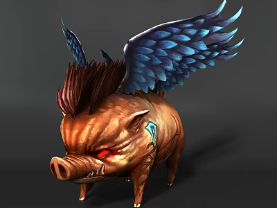 Game Fantasy Character Pig With Blue Feathered Wings Brown Body Red Eyes And Blue Tattoo 3d model