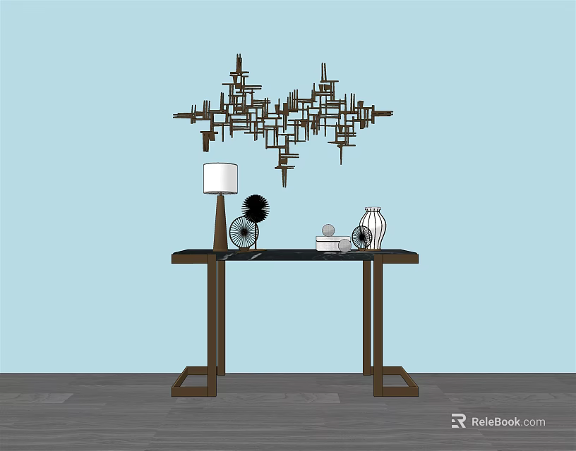 Modern Console Table With Table Lamp Vase And Geometric Wall Decor 3d model