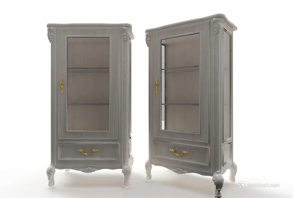 Elegant Gray Decorative Cabinets With Glass Doors Gold Accents And Drawers 3d model 