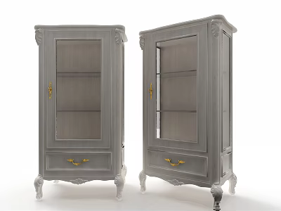 Elegant Gray Decorative Cabinets With Glass Doors Gold Accents And Drawers 3d model