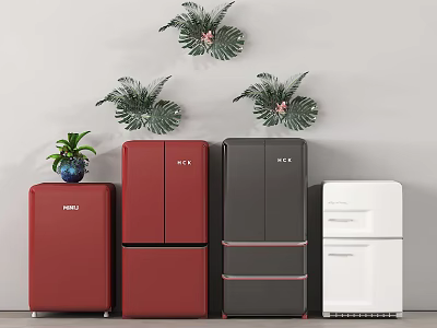 Red Black White Refrigerators in Different Styles with Small Potted Plants Alongside 3d model