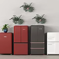 Red Black White Refrigerators in Different Styles with Small Potted Plants Alongside 3d model