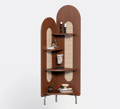 Modern Wooden Arched Shelf With Rattan Panels Books And Decor Items 3d model