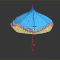 Scenic Outdoor Landscape With Blue Umbrella White Frilled Edge Brown Handle And Yellow Tassel
