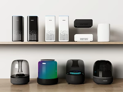 Various Colors and Styles of Headphones and Speakers with Modern Designs Neatly Displayed on Shelf 3d model
