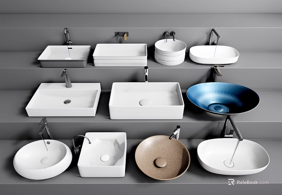 Various Stylish Washbasins Featuring Different Shapes Colors And Faucets On Display Shelves 3d model 