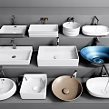 Various Stylish Washbasins Featuring Different Shapes Colors And Faucets On Display Shelves