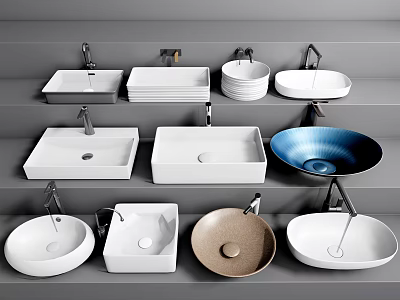 Various Stylish Washbasins Featuring Different Shapes Colors And Faucets On Display Shelves 3d model