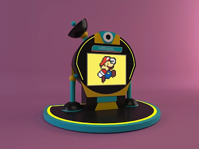 Smart Machine With Antenna Screen Displaying Pixel Style Cartoon Character Blue Yellow Base Purple Background 3d model