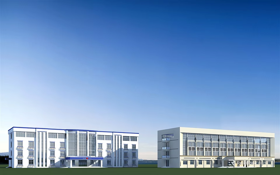 Modern Multi Storey Office Building Exterior With Glass Facade And Green Lawn Under Blue Sky 3d model 