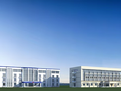 Modern Multi Storey Office Building Exterior With Glass Facade And Green Lawn Under Blue Sky 3d model