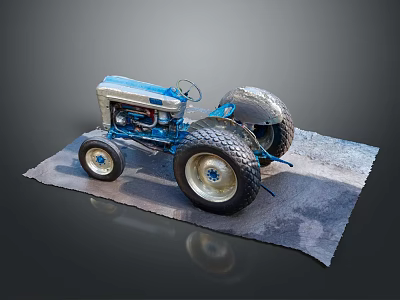 Detailed Vintage Blue Tractor Model with Large Wheels and Metallic Body on Gray Mat 3d model