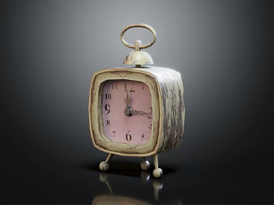 Vintage Square Alarm Clock With Metal Bell Pink Dial And Decorative Feet 3d model