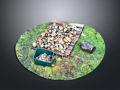 Outdoor Grass Area With Wooden Pallet Piled With Stones And Green Plastic Bin 3d model