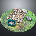 Outdoor Grass Area With Wooden Pallet Piled With Stones And Green Plastic Bin