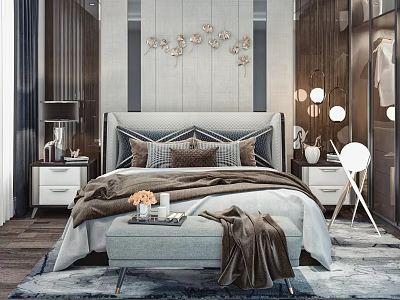 Background Double Bed In Modern Bedroom With Floral Wall Decor Bedside Lamps Footstool And Blanket 3d model