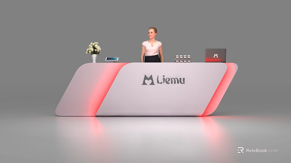 Modern Liemu Reception Desk With Pink Illumination Flower Vase Tablet And Female Staff 3d model 