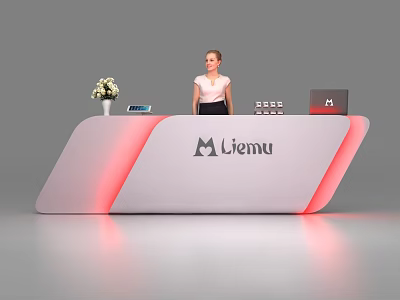 Modern Liemu Reception Desk With Pink Illumination Flower Vase Tablet And Female Staff 3d model