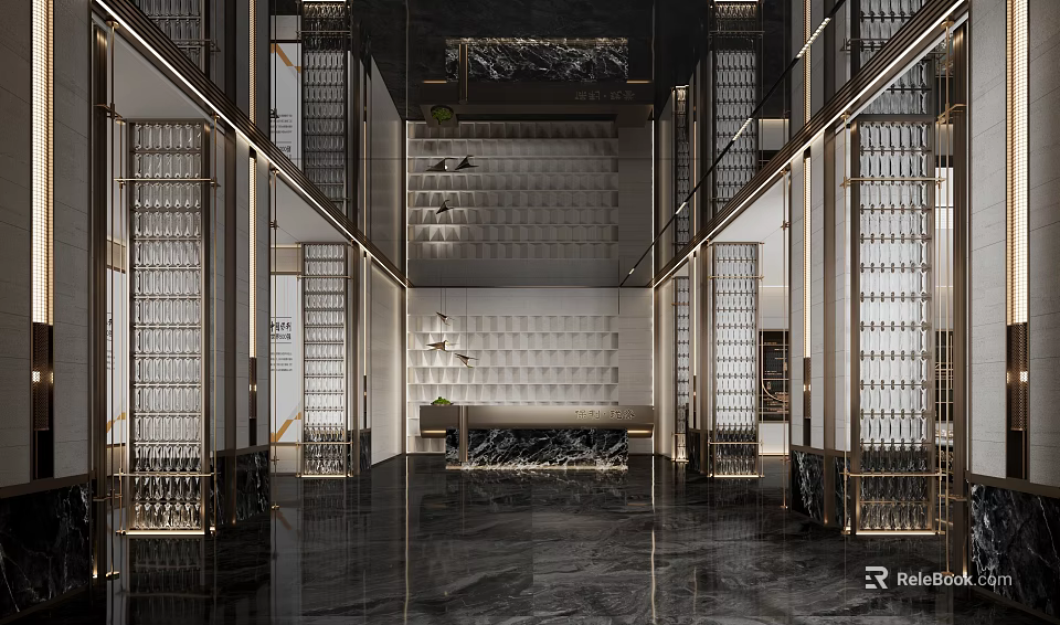Luxurious Modern Front Desk Reception in Lobby With Marble Floor Wall Design And Lighting 3d model 
