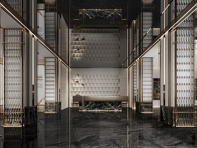 Luxurious Modern Front Desk Reception in Lobby With Marble Floor Wall Design And Lighting 3d model
