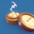 Open Bamboo Steamers With Steaming Hot Dumplings On Blue Background