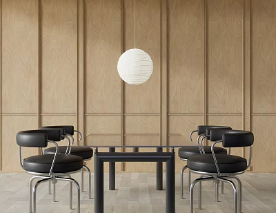 Minimalist Dining Table Set With Black Chairs White Pendant Lamp And Wooden Walls 3d model