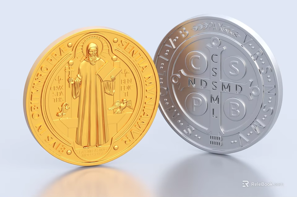 Gold And Silver Decorative Jewelry Coins With Engraved Patterns And Symbolic Designs 3d model 
