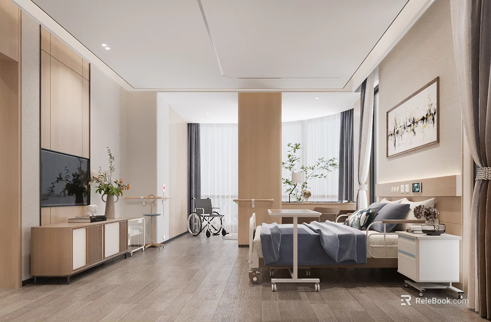 Modern Hotel Room With Bed TV Wheelchair Wooden Furniture Curtains Artwork And Plants 3d model 
