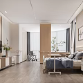 Modern Hotel Room With Bed TV Wheelchair Wooden Furniture Curtains Artwork And Plants