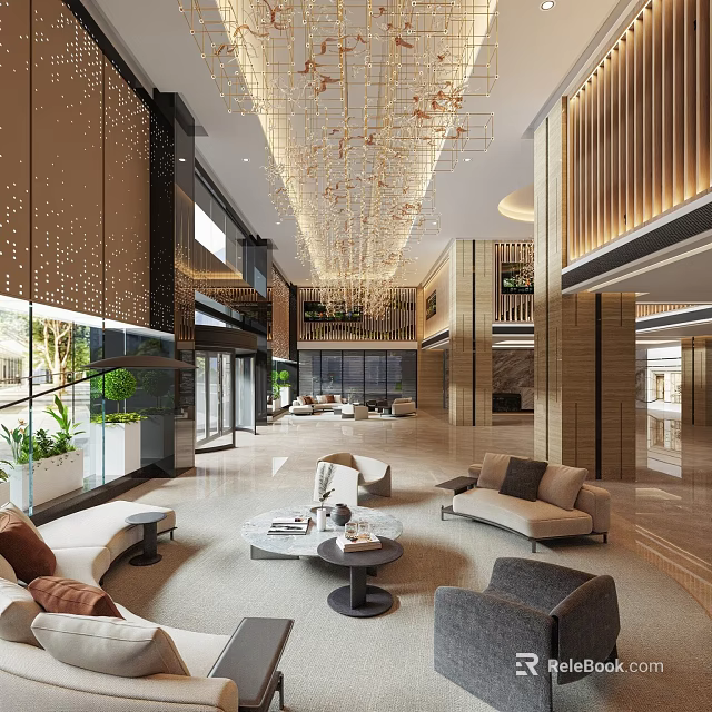 Luxurious Spacious Sales Office Lobby Interior With Exquisite Grand Chandelier And Comfortable Lounge Seats 3d model 