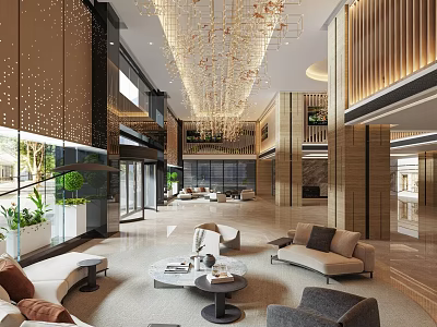 Luxurious Spacious Sales Office Lobby Interior With Exquisite Grand Chandelier And Comfortable Lounge Seats 3d model