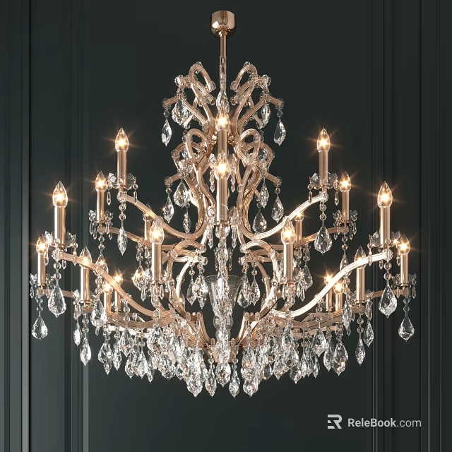 Elegant Crystal Chandelier with Golden Branches and Sparkling Drops Against Dark Wall 3d model 