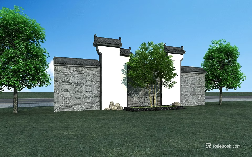 Traditional Chinese Scenic Wall With Tiled Roof Carved Patterns And Green Trees 3d model 