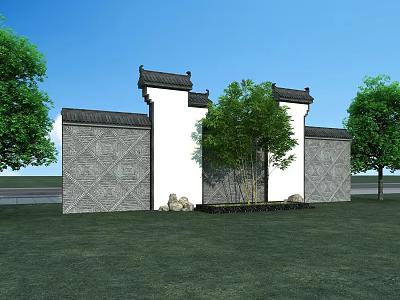 Traditional Chinese Scenic Wall With Tiled Roof Carved Patterns And Green Trees 3d model