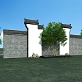 Traditional Chinese Scenic Wall With Tiled Roof Carved Patterns And Green Trees