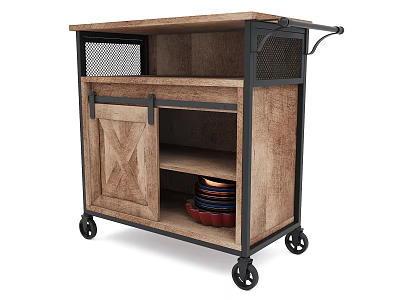 Commercial Kitchen Cart With Wooden Body Metal Frame Wheels And Storage Space 3d model