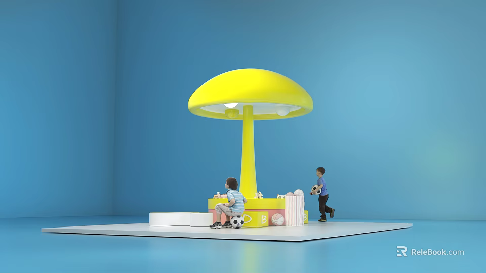 Yellow Mushroom Shaped Structure In Blue Room With Kids Playing And Soccer Ball 3d model 
