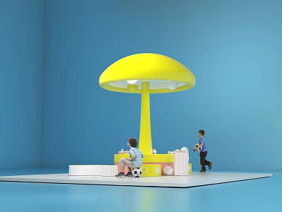 Yellow Mushroom Shaped Structure In Blue Room With Kids Playing And Soccer Ball 3d model