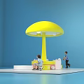 Yellow Mushroom Shaped Structure In Blue Room With Kids Playing And Soccer Ball