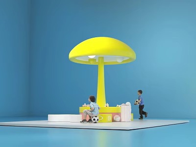 Yellow Mushroom Shaped Structure In Blue Room With Kids Playing And Soccer Ball 3d model Yellow Mushroom Shaped Structure In Blue Room With Kids Playing And Soccer Ball 3d model