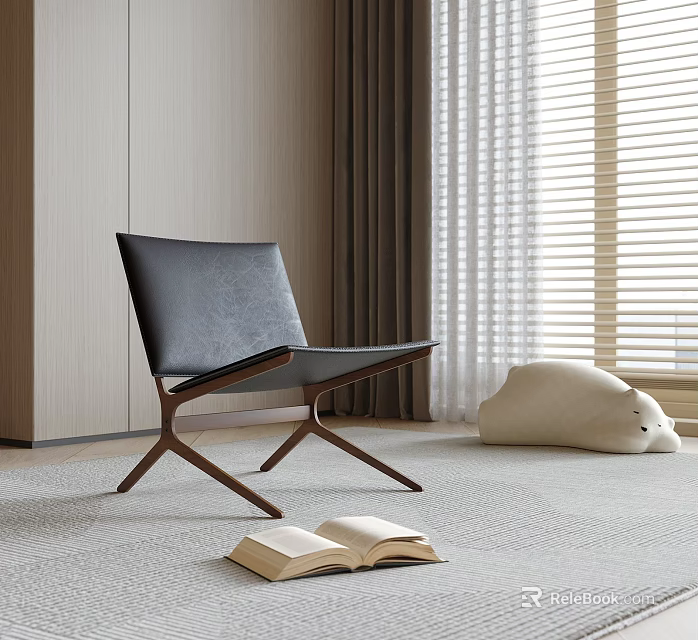 Black Leisure Chair With Wooden Legs Near Open Book And White Plush Toy On Carpet 3d model 