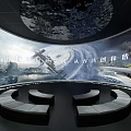 Cinema With Giant Curved Screen Circular Sofa Seats Displaying Sci Fi Scenes Including Earth Vortex Buildings