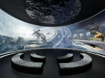 Cinema With Giant Curved Screen Circular Sofa Seats Displaying Sci Fi Scenes Including Earth Vortex Buildings 3d model