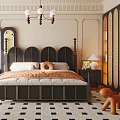 Elegant Bedroom Interior With Black Headboard Chandelier Black And White Checkerboard Rug Nightstand And Mirror