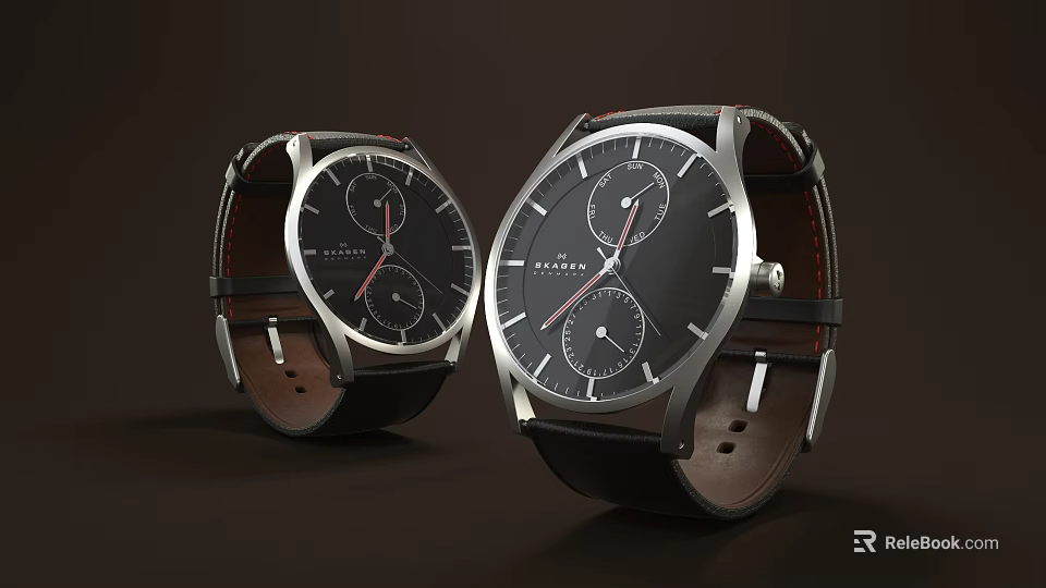 Stylish Modern Watches With Black Dials Silver Cases And Brown Leather Straps 3d model 