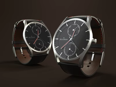 Stylish Modern Watches With Black Dials Silver Cases And Brown Leather Straps 3d model