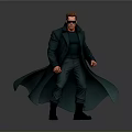 Man Standing In Green Trench Coat And Sunglasses Against Gray Background