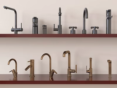 Different Styles Of Black And Gold Faucets Neatly Displayed On Shelves 3d model